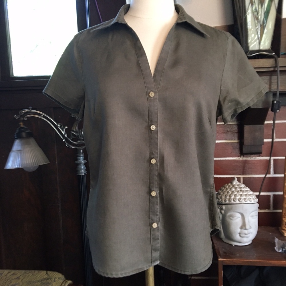 Vintage Eddie Bauer Linen Short Sleeve Shirt, Olive, US Size S